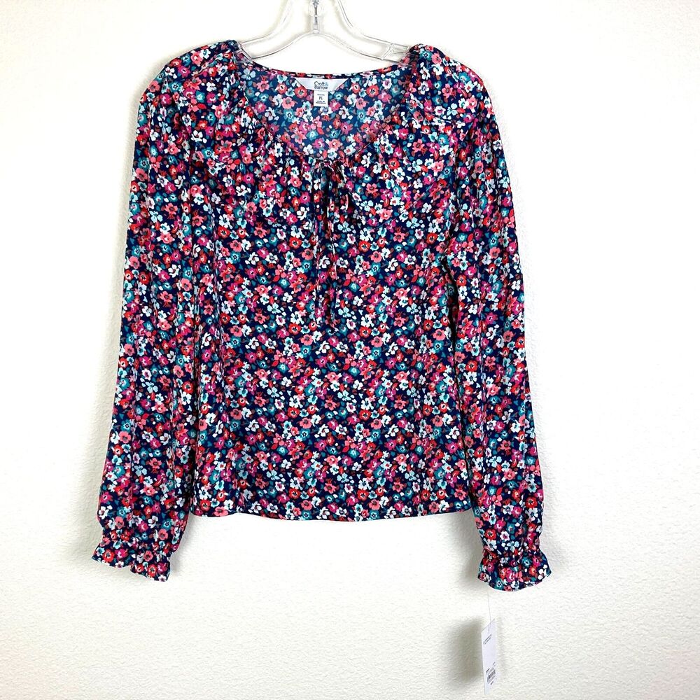 NWT Croft & Barrow Blouse Petite Size PS Floral Keyhole Tie Ruffle Collar/Sleeve
